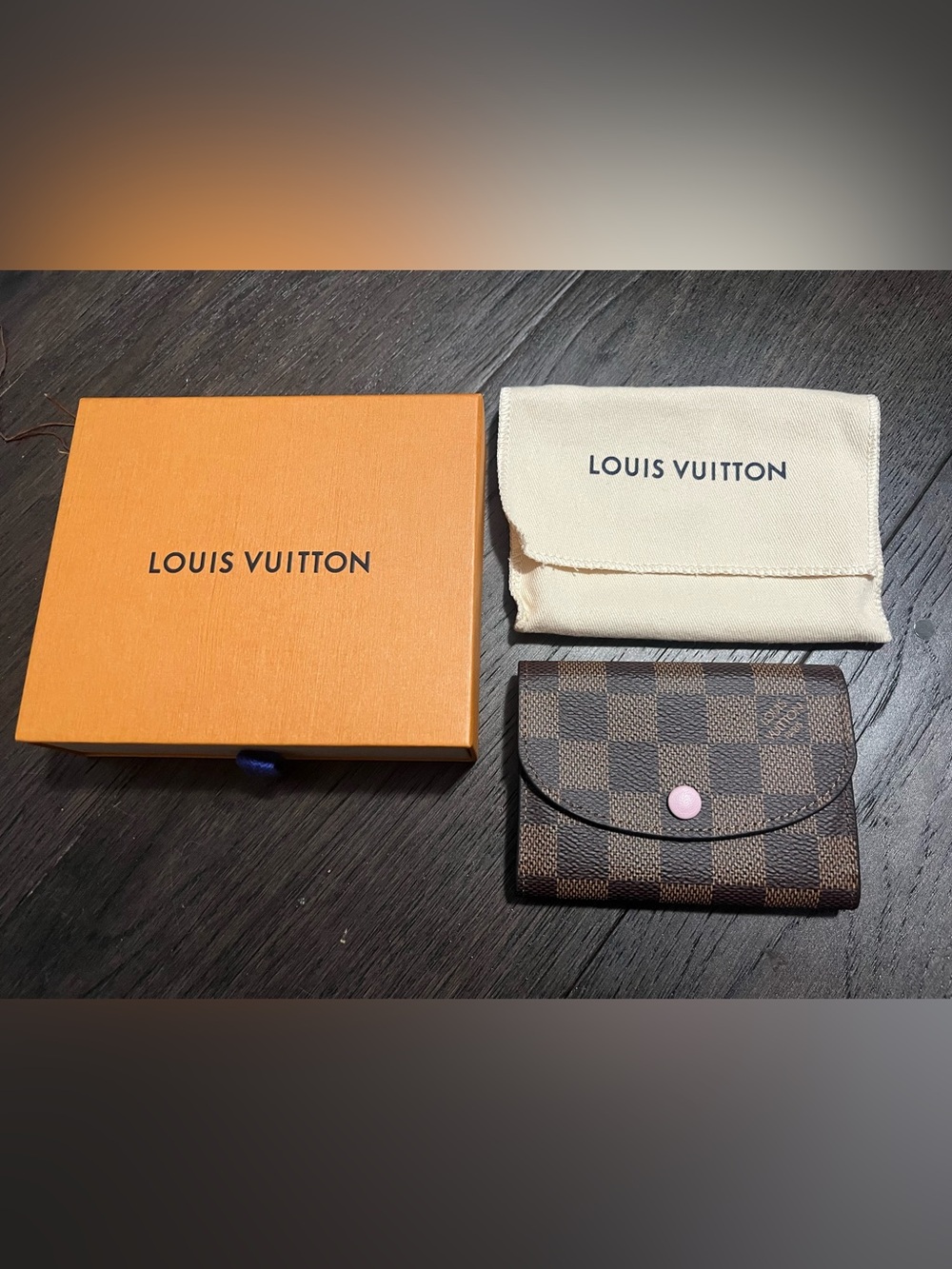 Louis Vuitton Rosalie coin purse in Damier eben with rose ballerine.
